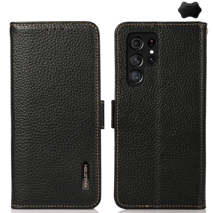 KHAZNEH Side-Magnetic Litchi Genuine Leather RFID Phone Case, For Samsung Galaxy S25 FE 5G, For Samsung Galaxy S25 Edge 5G, For Samsung Galaxy S25 Ultra 5G, For Samsung Galaxy S24 FE 5G