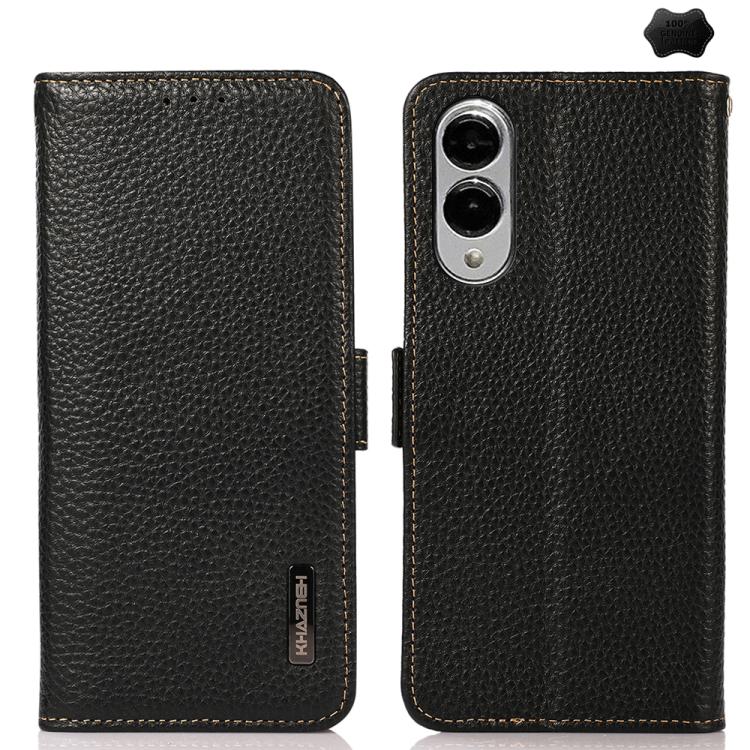 KHAZNEH Side-Magnetic Litchi Genuine Leather RFID Phone Case, For Samsung Galaxy S25 FE 5G, For Samsung Galaxy S25 Edge 5G, For Samsung Galaxy S25 Ultra 5G, For Samsung Galaxy S24 FE 5G
