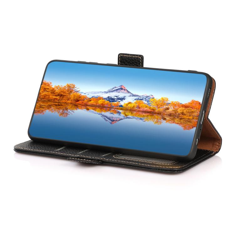 KHAZNEH Side-Magnetic Litchi Genuine Leather RFID Phone Case, For Samsung Galaxy S25 FE 5G, For Samsung Galaxy S25 Edge 5G, For Samsung Galaxy S25 Ultra 5G, For Samsung Galaxy S24 FE 5G