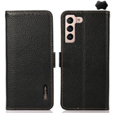 KHAZNEH Side-Magnetic Litchi Genuine Leather RFID Phone Case, For Samsung Galaxy S25 FE 5G, For Samsung Galaxy S25 Edge 5G, For Samsung Galaxy S25 Ultra 5G, For Samsung Galaxy S24 FE 5G