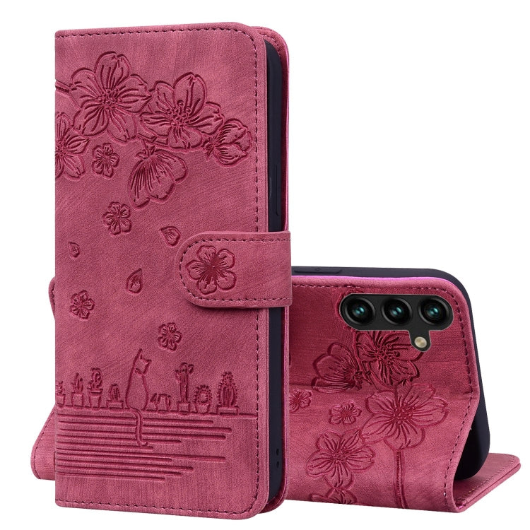 Cartoon Sakura Cat Embossed Leather Phone Case