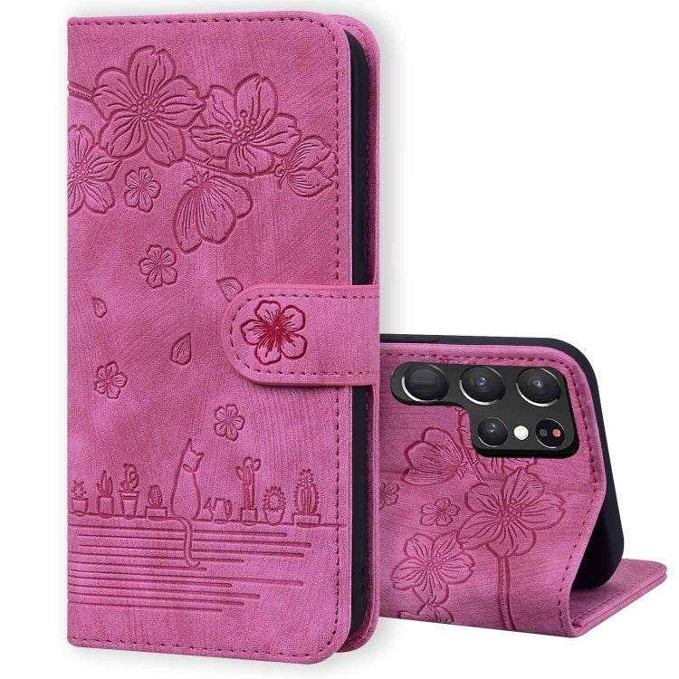 Cartoon Sakura Cat Embossed Leather Phone Case
