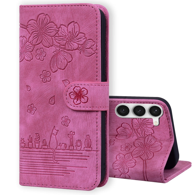 Cartoon Sakura Cat Embossed Leather Phone Case