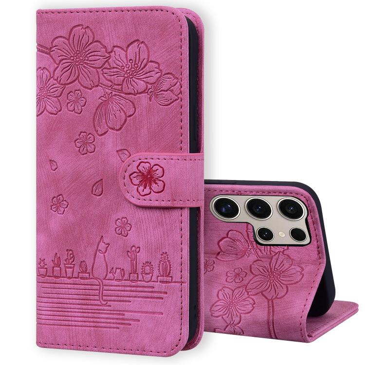 Cartoon Sakura Cat Embossed Leather Phone Case