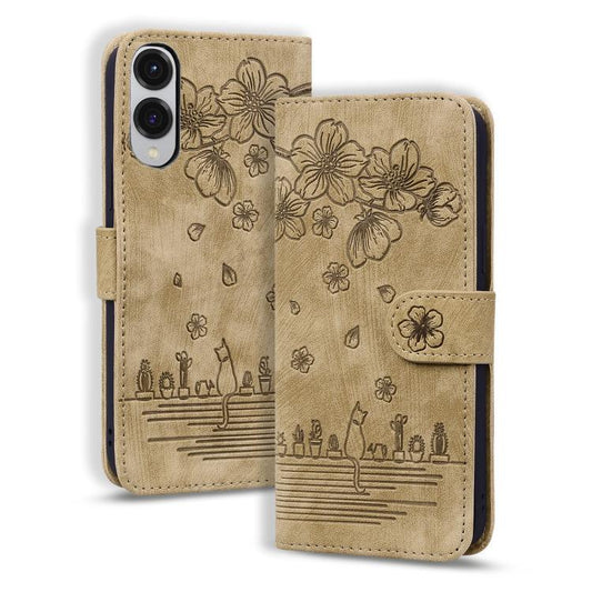 Cartoon Sakura Cat Embossed Leather Phone Case