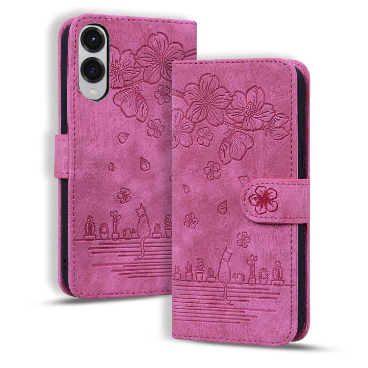 Cartoon Sakura Cat Embossed Leather Phone Case