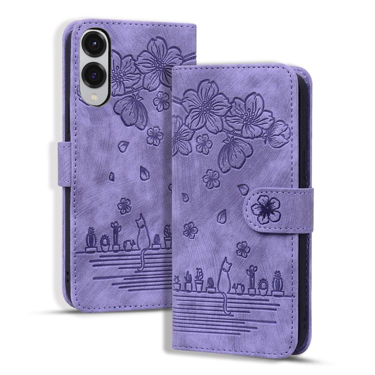 Cartoon Sakura Cat Embossed Leather Phone Case