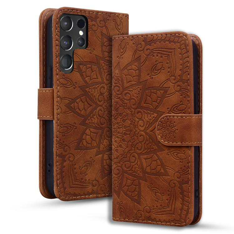 Mandala Embossed Dual-Fold Calf Leather Phone Case