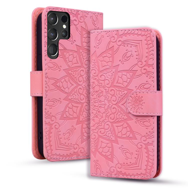Mandala Embossed Dual-Fold Calf Leather Phone Case