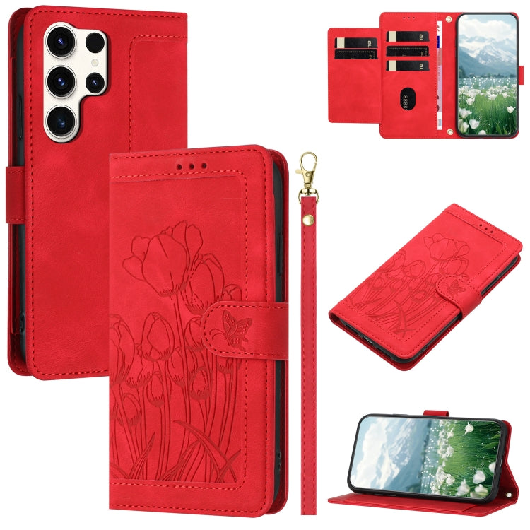 Tulips Embossed Leather Phone Case with Lanyard, For Samsung Galaxy S25 Edge 5G, For Samsung Galaxy S25 5G, For Samsung Galaxy S25+ 5G, For Samsung Galaxy S25 Ultra 5G, For Samsung Galaxy S24 FE 5G, For Samsung Galaxy S24 Ultra 5G����������������������...