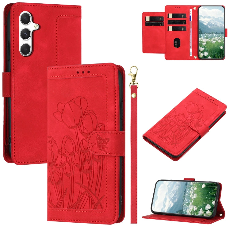 Tulips Embossed Leather Phone Case with Lanyard, For Samsung Galaxy S25 Edge 5G, For Samsung Galaxy S25 5G, For Samsung Galaxy S25+ 5G, For Samsung Galaxy S25 Ultra 5G, For Samsung Galaxy S24 FE 5G, For Samsung Galaxy S24 Ultra 5G����������������������...