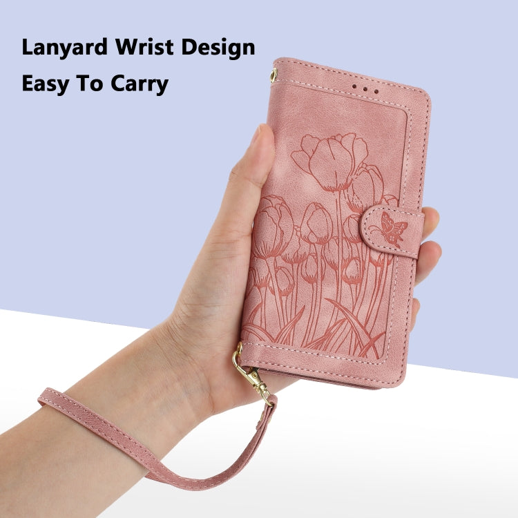 Tulips Embossed Leather Phone Case with Lanyard, For Samsung Galaxy S23 FE 5G, For Samsung Galaxy S23 Ultra 5G, For Samsung Galaxy S23+ 5G, For Samsung Galaxy S23 5G, For Samsung Galaxy S20 FE, For Samsung Galaxy S22 Ultra 5G, For Samsung Galaxy S22+ 5...