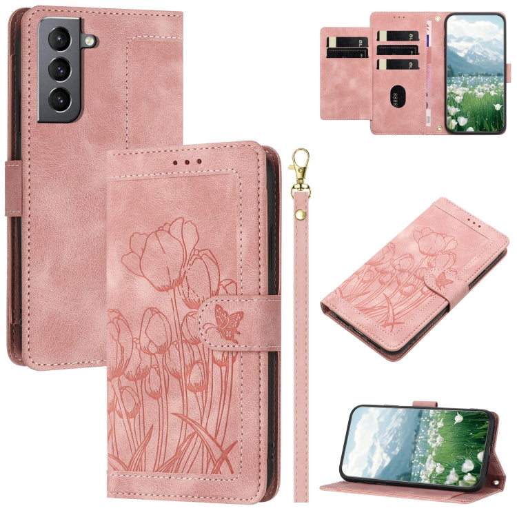 Tulips Embossed Leather Phone Case with Lanyard, For Samsung Galaxy S23 FE 5G, For Samsung Galaxy S23 Ultra 5G, For Samsung Galaxy S23+ 5G, For Samsung Galaxy S23 5G, For Samsung Galaxy S20 FE, For Samsung Galaxy S22 Ultra 5G, For Samsung Galaxy S22+ 5...