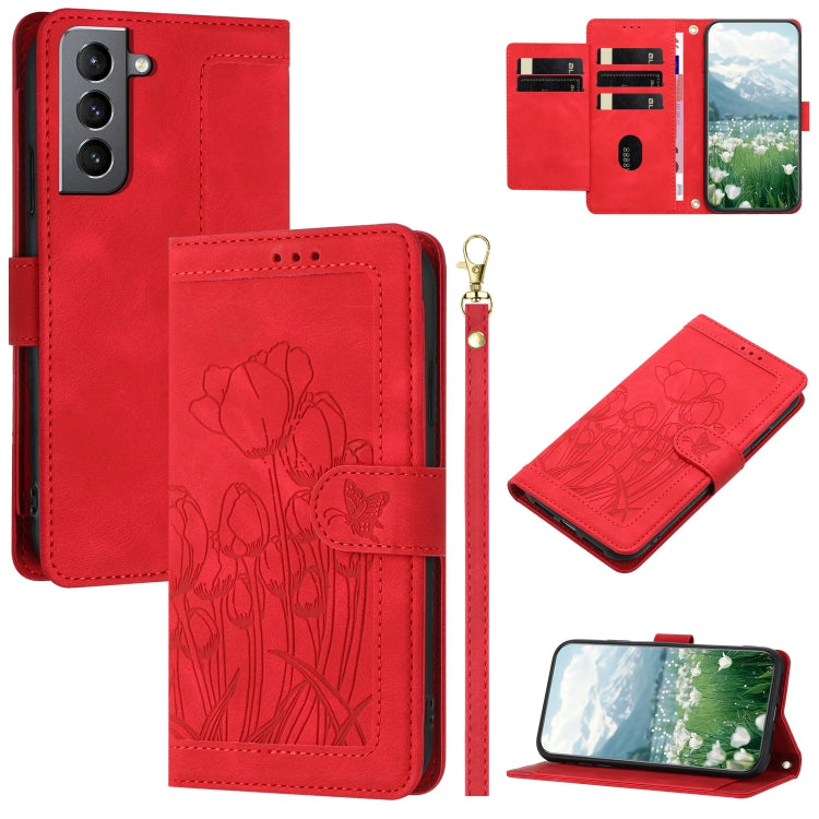 Tulips Embossed Leather Phone Case with Lanyard, For Samsung Galaxy S23 FE 5G, For Samsung Galaxy S23 Ultra 5G, For Samsung Galaxy S23+ 5G, For Samsung Galaxy S23 5G, For Samsung Galaxy S20 FE, For Samsung Galaxy S22 Ultra 5G, For Samsung Galaxy S22+ 5...
