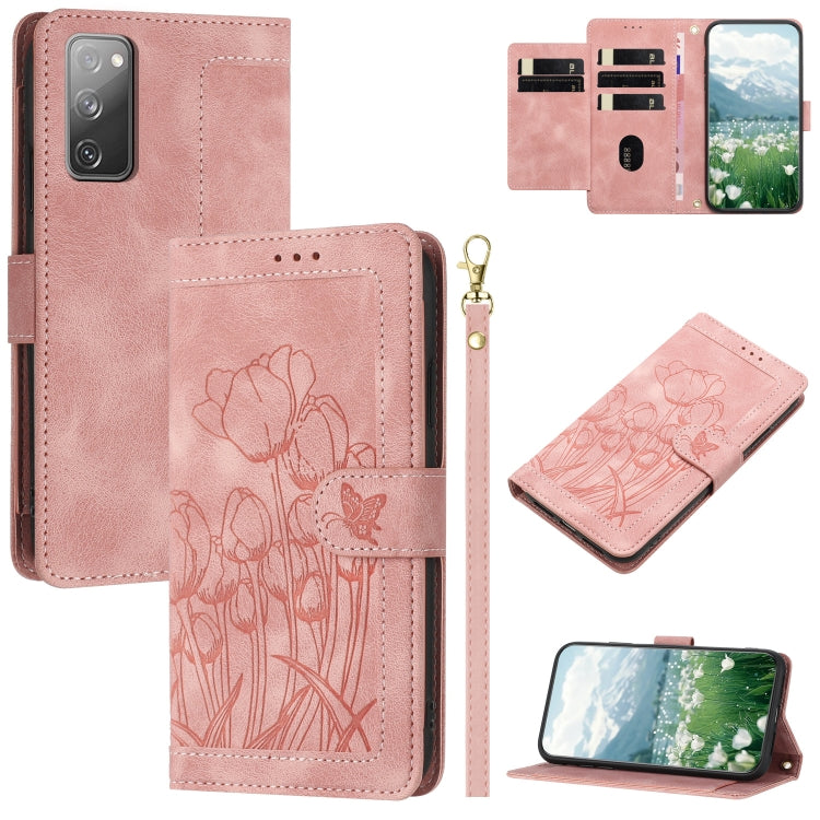 Tulips Embossed Leather Phone Case with Lanyard, For Samsung Galaxy S23 FE 5G, For Samsung Galaxy S23 Ultra 5G, For Samsung Galaxy S23+ 5G, For Samsung Galaxy S23 5G, For Samsung Galaxy S20 FE, For Samsung Galaxy S22 Ultra 5G, For Samsung Galaxy S22+ 5...