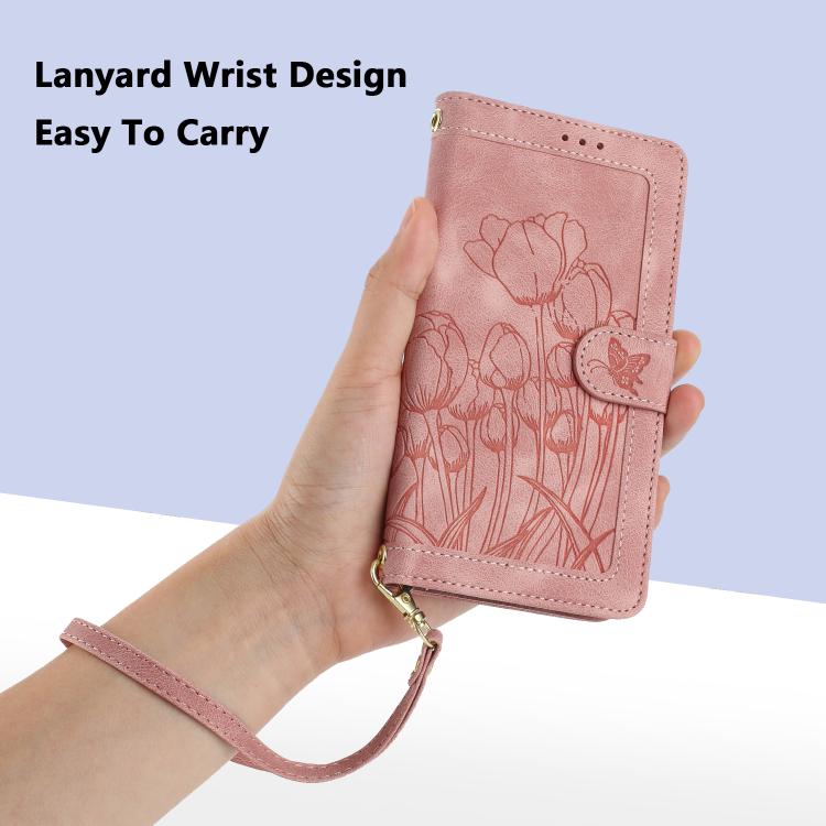 Tulips Embossed Leather Phone Case with Lanyard, For Samsung Galaxy S25 Edge 5G, For Samsung Galaxy S25 5G, For Samsung Galaxy S25+ 5G, For Samsung Galaxy S25 Ultra 5G, For Samsung Galaxy S24 FE 5G, For Samsung Galaxy S24 Ultra 5G����������������������...