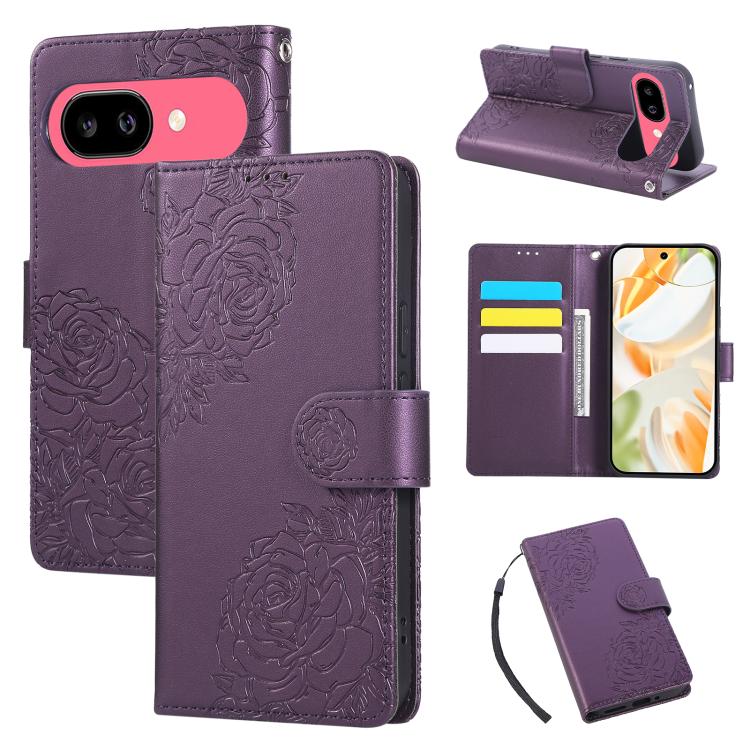 Rose Flower Embossed 3-Card Slots Leather Phone Case, For Google Pixel 10 Pro XL, For Google Pixel 10 / 10 Pro, For Google Pixel 9 Pro XL, For Google Pixel 9 / 9 Pro, For Google Pixel 8a, For Google Pixel 8 Pro, For Google Pixel 8