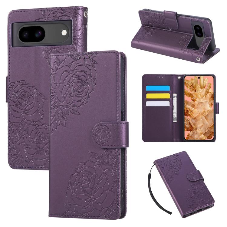 Rose Flower Embossed 3-Card Slots Leather Phone Case, For Google Pixel 10 Pro XL, For Google Pixel 10 / 10 Pro, For Google Pixel 9 Pro XL, For Google Pixel 9 / 9 Pro, For Google Pixel 8a, For Google Pixel 8 Pro, For Google Pixel 8