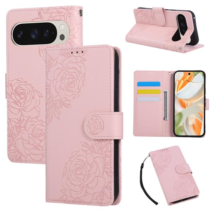 Rose Flower Embossed 3-Card Slots Leather Phone Case, For Google Pixel 10 Pro XL, For Google Pixel 10 / 10 Pro, For Google Pixel 9 Pro XL, For Google Pixel 9 / 9 Pro, For Google Pixel 8a, For Google Pixel 8 Pro, For Google Pixel 8