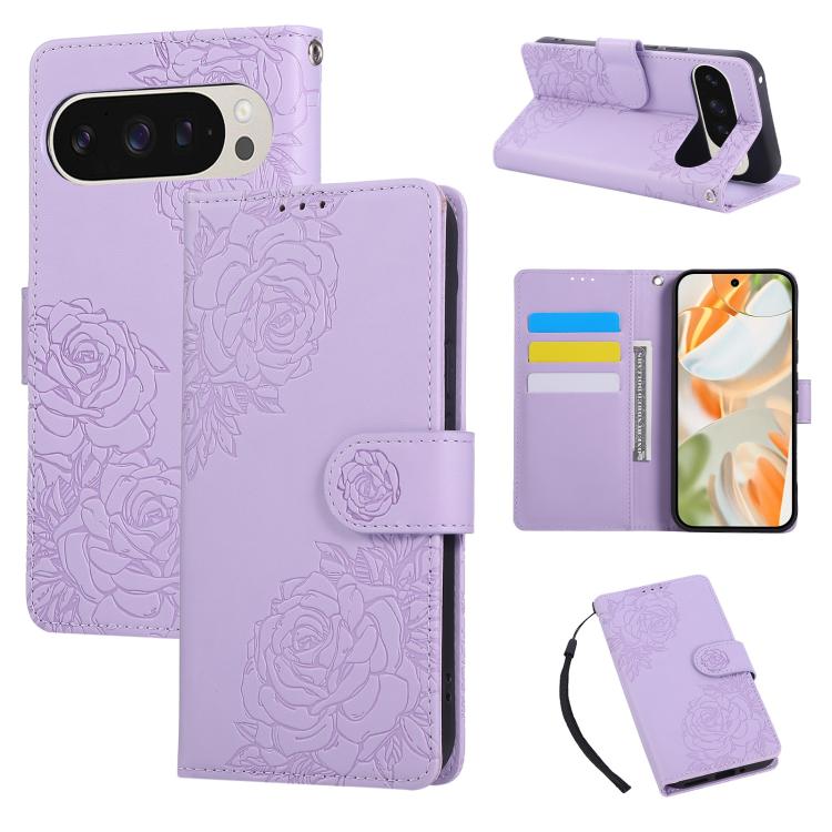 Rose Flower Embossed 3-Card Slots Leather Phone Case, For Google Pixel 10 Pro XL, For Google Pixel 10 / 10 Pro, For Google Pixel 9 Pro XL, For Google Pixel 9 / 9 Pro, For Google Pixel 8a, For Google Pixel 8 Pro, For Google Pixel 8