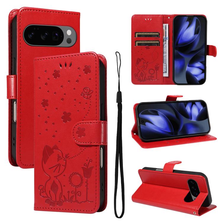 Cat and Bee Embossed Flip Leather Phone Case, For Google Pixel 10 Pro XL 5G Global, For Google Pixel 10 / 10 Pro Global