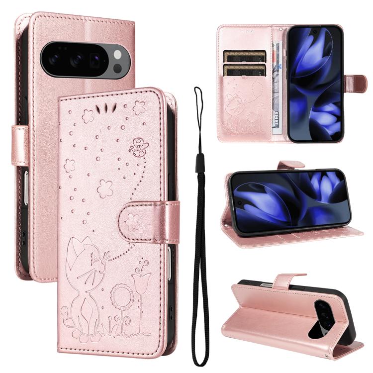 Cat and Bee Embossed Flip Leather Phone Case, For Google Pixel 10 Pro XL 5G Global, For Google Pixel 10 / 10 Pro Global