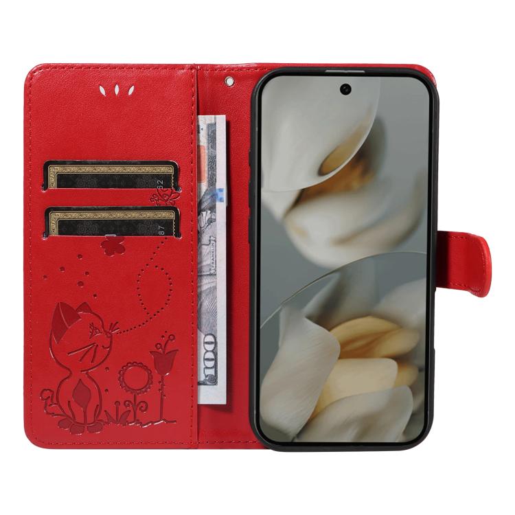 Cat and Bee Embossed Flip Leather Phone Case, For Google Pixel 10 Pro XL 5G Global, For Google Pixel 10 / 10 Pro Global