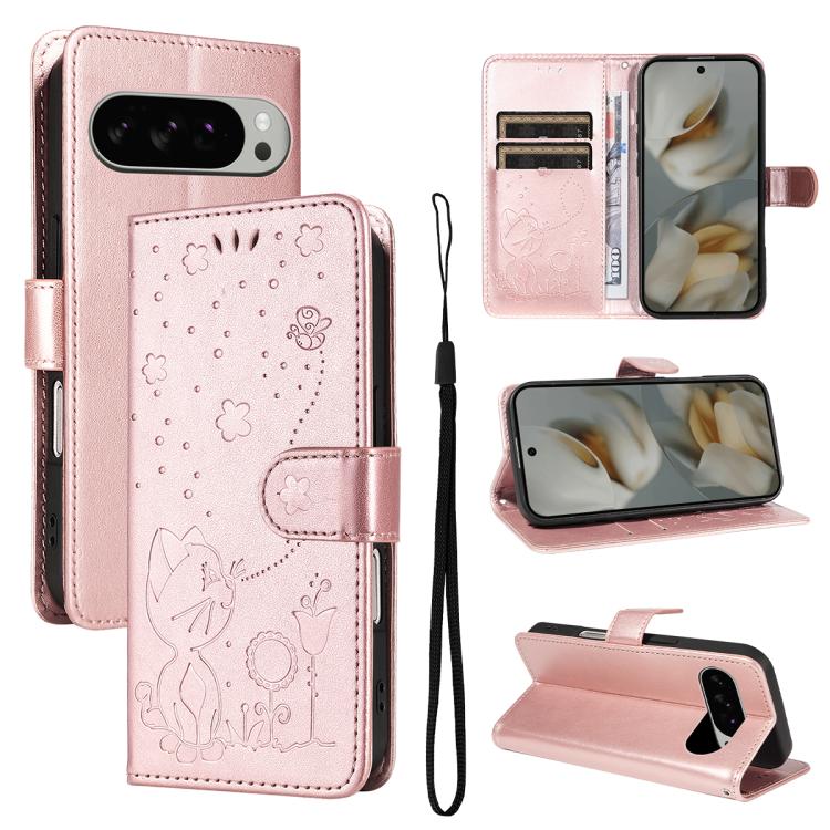 Cat and Bee Embossed Flip Leather Phone Case, For Google Pixel 10 Pro XL 5G Global, For Google Pixel 10 / 10 Pro Global