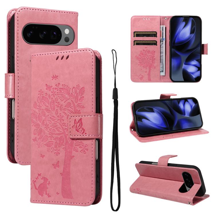 Tree & Cat Embossed Pattern Flip Leather Phone Case, For Google Pixel 10 Pro XL 5G Global, For Google Pixel 10 5G / 10 Pro 5G Global