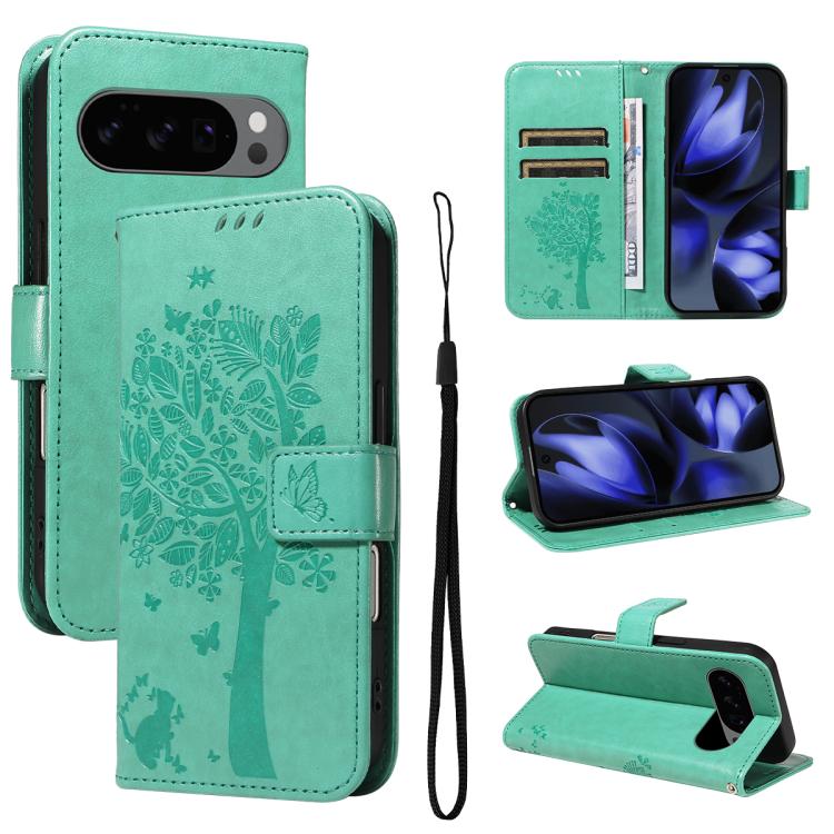 Tree & Cat Embossed Pattern Flip Leather Phone Case, For Google Pixel 10 Pro XL 5G Global, For Google Pixel 10 5G / 10 Pro 5G Global