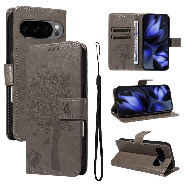 Tree & Cat Embossed Pattern Flip Leather Phone Case, For Google Pixel 10 Pro XL 5G Global, For Google Pixel 10 5G / 10 Pro 5G Global