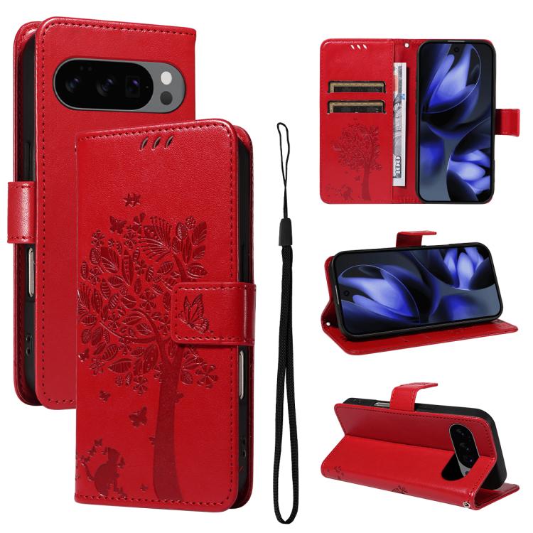 Tree & Cat Embossed Pattern Flip Leather Phone Case, For Google Pixel 10 Pro XL 5G Global, For Google Pixel 10 5G / 10 Pro 5G Global