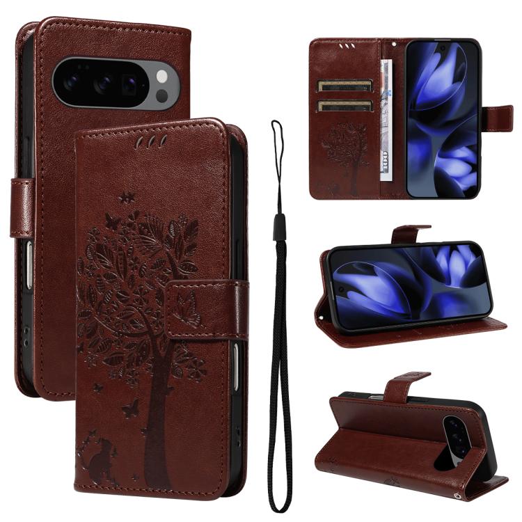 Tree & Cat Embossed Pattern Flip Leather Phone Case, For Google Pixel 10 Pro XL 5G Global, For Google Pixel 10 5G / 10 Pro 5G Global