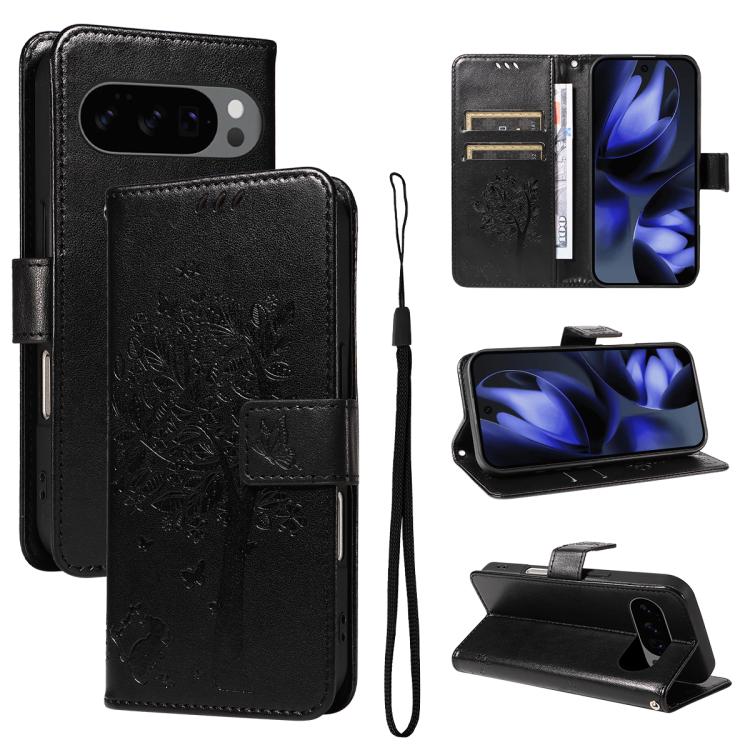Tree & Cat Embossed Pattern Flip Leather Phone Case, For Google Pixel 10 Pro XL 5G Global, For Google Pixel 10 5G / 10 Pro 5G Global