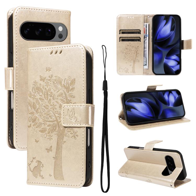 Tree & Cat Embossed Pattern Flip Leather Phone Case, For Google Pixel 10 Pro XL 5G Global, For Google Pixel 10 5G / 10 Pro 5G Global
