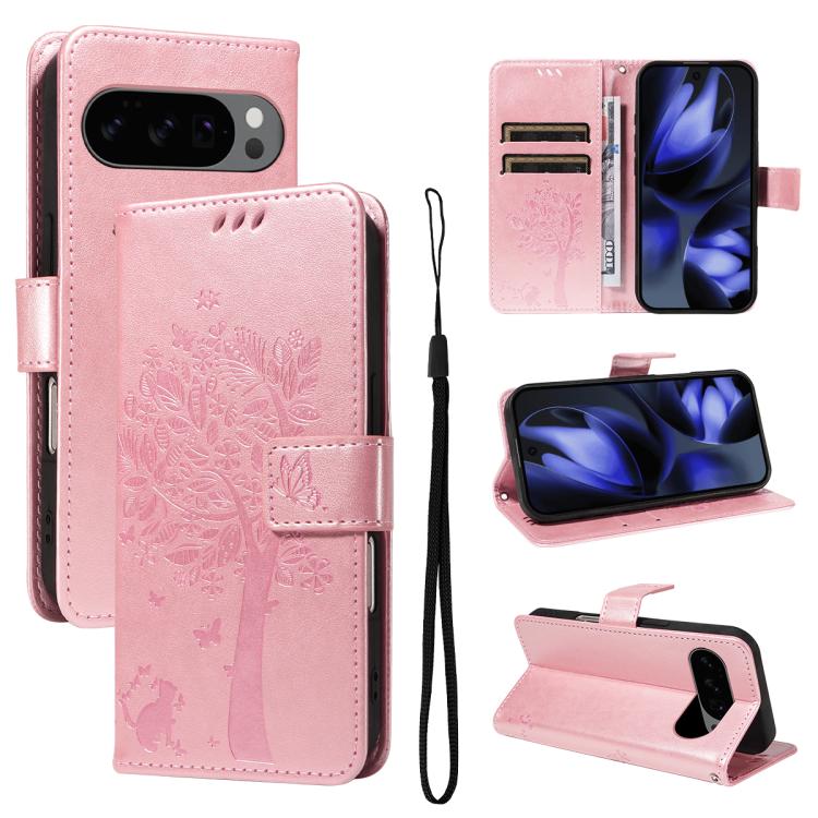 Tree & Cat Embossed Pattern Flip Leather Phone Case, For Google Pixel 10 Pro XL 5G Global, For Google Pixel 10 5G / 10 Pro 5G Global