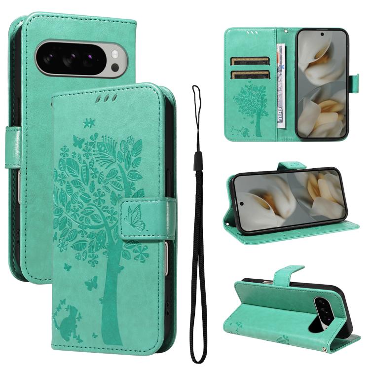 Tree & Cat Embossed Pattern Flip Leather Phone Case, For Google Pixel 10 Pro XL 5G Global, For Google Pixel 10 5G / 10 Pro 5G Global