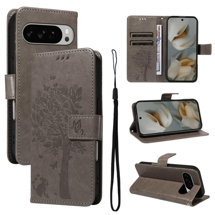 Tree & Cat Embossed Pattern Flip Leather Phone Case, For Google Pixel 10 Pro XL 5G Global, For Google Pixel 10 5G / 10 Pro 5G Global