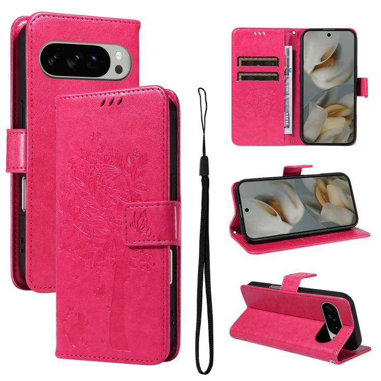 Tree & Cat Embossed Pattern Flip Leather Phone Case, For Google Pixel 10 Pro XL 5G Global, For Google Pixel 10 5G / 10 Pro 5G Global