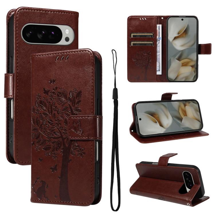 Tree & Cat Embossed Pattern Flip Leather Phone Case, For Google Pixel 10 Pro XL 5G Global, For Google Pixel 10 5G / 10 Pro 5G Global