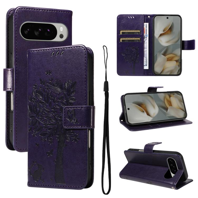 Tree & Cat Embossed Pattern Flip Leather Phone Case, For Google Pixel 10 Pro XL 5G Global, For Google Pixel 10 5G / 10 Pro 5G Global