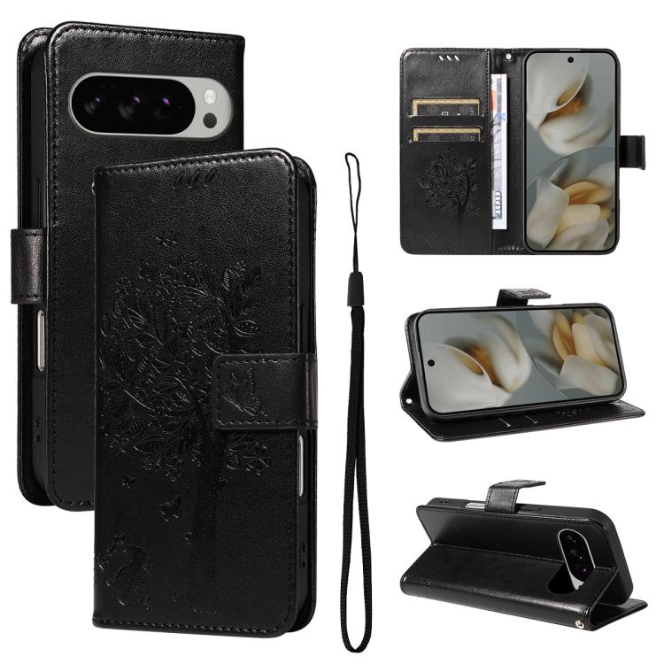 Tree & Cat Embossed Pattern Flip Leather Phone Case, For Google Pixel 10 Pro XL 5G Global, For Google Pixel 10 5G / 10 Pro 5G Global