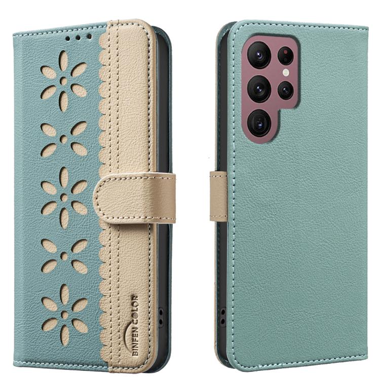 Splicing Color Hollow Flower Pattern RFID Leather Phone Case