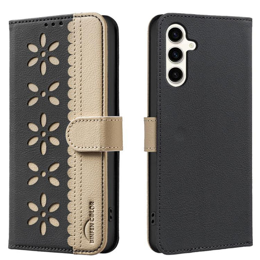 Splicing Color Hollow Flower Pattern RFID Leather Phone Case