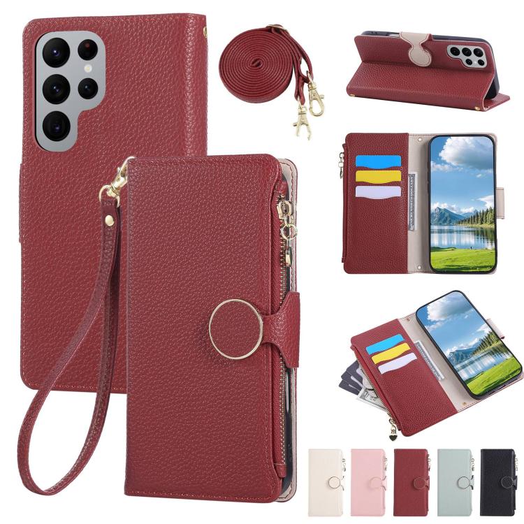 Round Buckle Zipper Wallet Leather Phone Case with Crossbody Strap, For Samsung Galaxy S22 Ultra 5G, For Samsung Galaxy S22+ 5G, For Samsung Galaxy S22 5G, For Samsung Galaxy S21 FE 5G, For Samsung Galaxy S21 5G, For Samsung Galaxy S21+ 5G�������������...