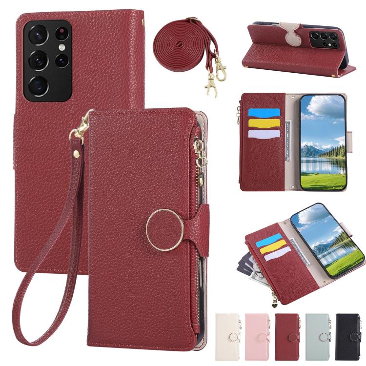 Round Buckle Zipper Wallet Leather Phone Case with Crossbody Strap, For Samsung Galaxy S22 Ultra 5G, For Samsung Galaxy S22+ 5G, For Samsung Galaxy S22 5G, For Samsung Galaxy S21 FE 5G, For Samsung Galaxy S21 5G, For Samsung Galaxy S21+ 5G�������������...