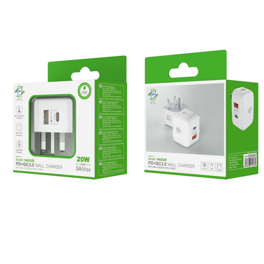 20W USB & USB-C Charger,Super Fast Dual-Port Wall Charger PC, PD, GaN, 20W, 3A Max