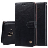 Business Style Oil Wax Texture Horizontal Flip Leather Case for Galaxy J4 (EU Version) (2018), with Holder & Card Slots & Wallet
