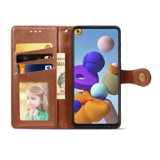 For Samsung Galaxy A21S Retro Solid Color Leather Buckle Phone Case with Lanyard & Photo Frame & Card Slot & Wallet & Stand Function