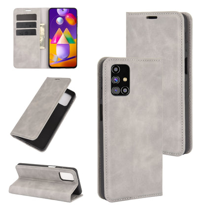 For Samsung Galaxy M31s Retro-skin Business Magnetic Suction Leather Case with Holder & Card Slots & Wallet